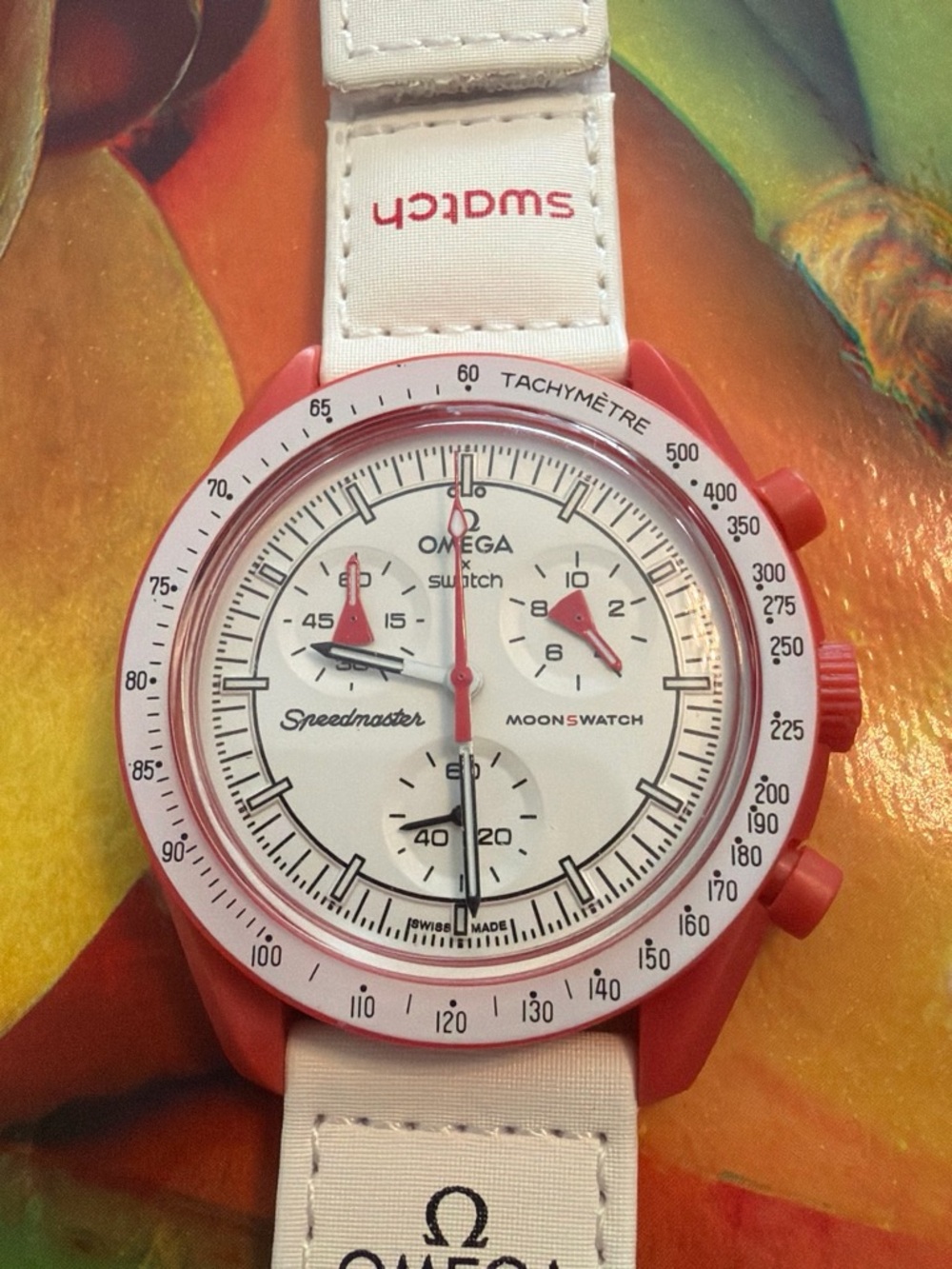 MoonSwatch Speedmaster White Dial Red Case unisex’s Swim Watch Strap